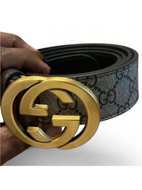 Gucci Men's GG Monogram Belt in Gray with Gold Double G Buckle